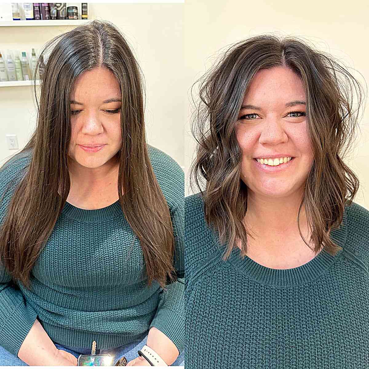 Asymmetrical long bob on a woman with a round faces