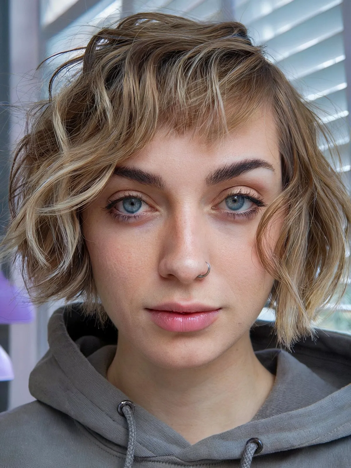 Chin-Length Asymmetrical Side-Parted Cut on Loose Curly Wavy Hair