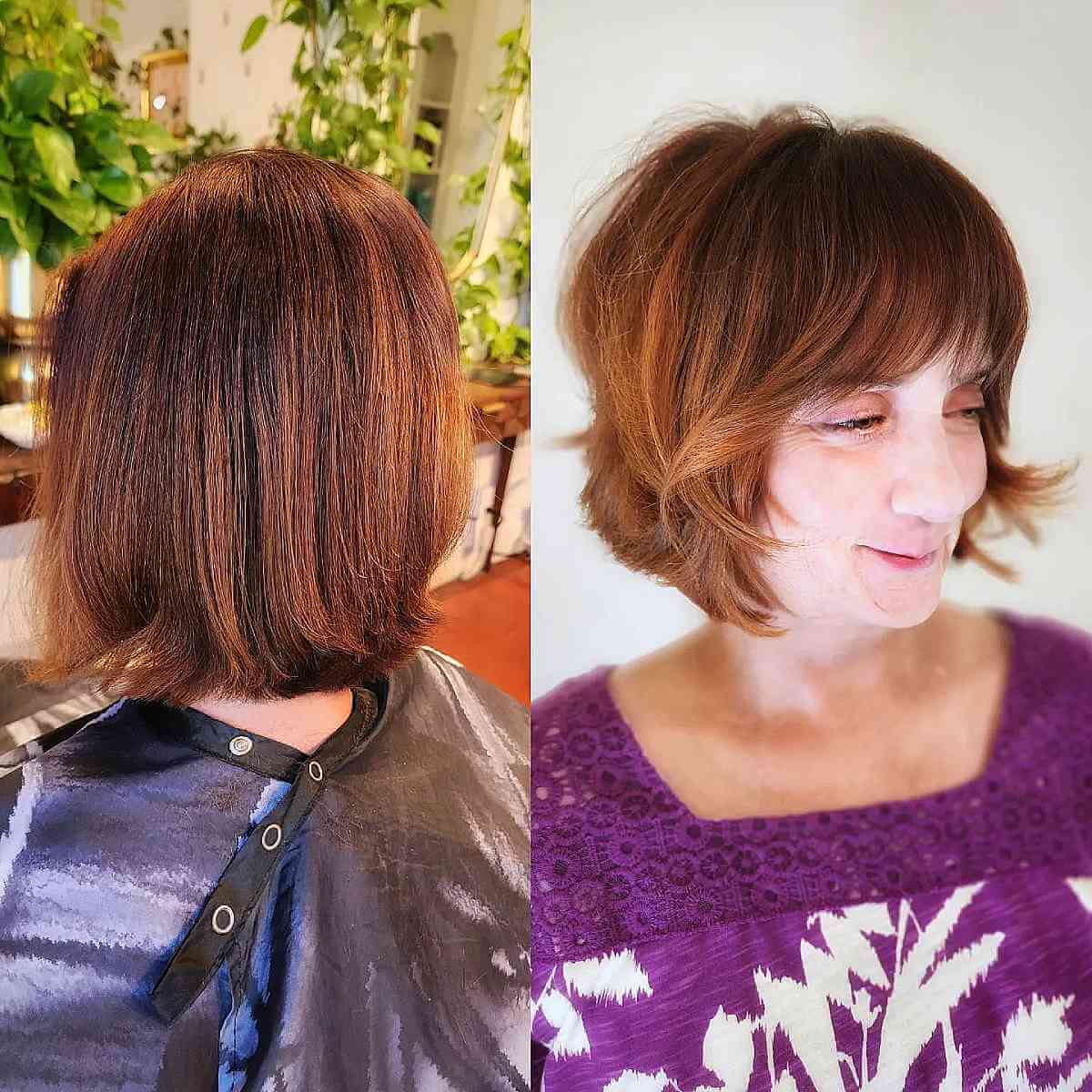 Short Auburn Bob Featuring Short Layers and Bangs for 50-Year-Olds