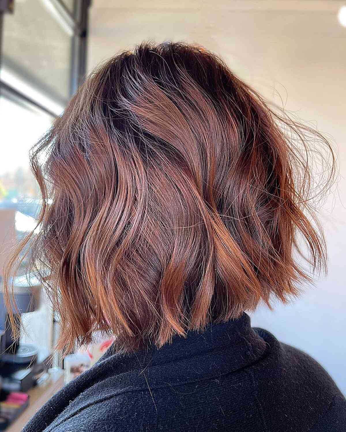 Short-Length Auburn Brunette Wavy Lob