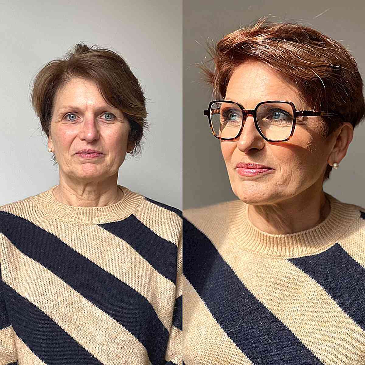 Auburn Long Pixie with Textured Layers for Older Women with Glasses and Thinning Hair
