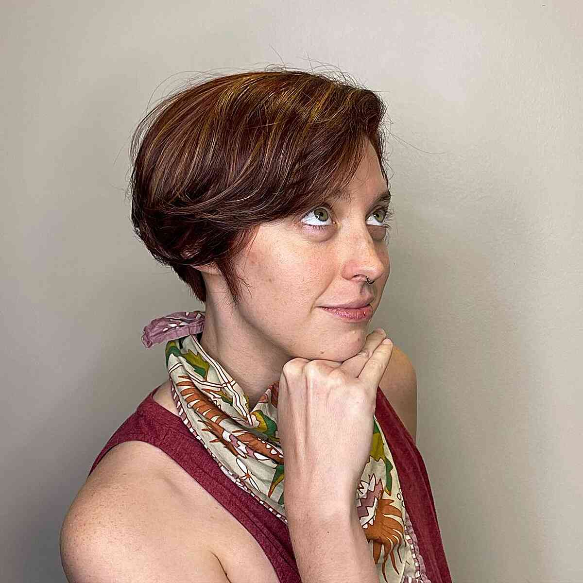 Auburn Mahogany Long Pixie Featuring Subtle Highlights
