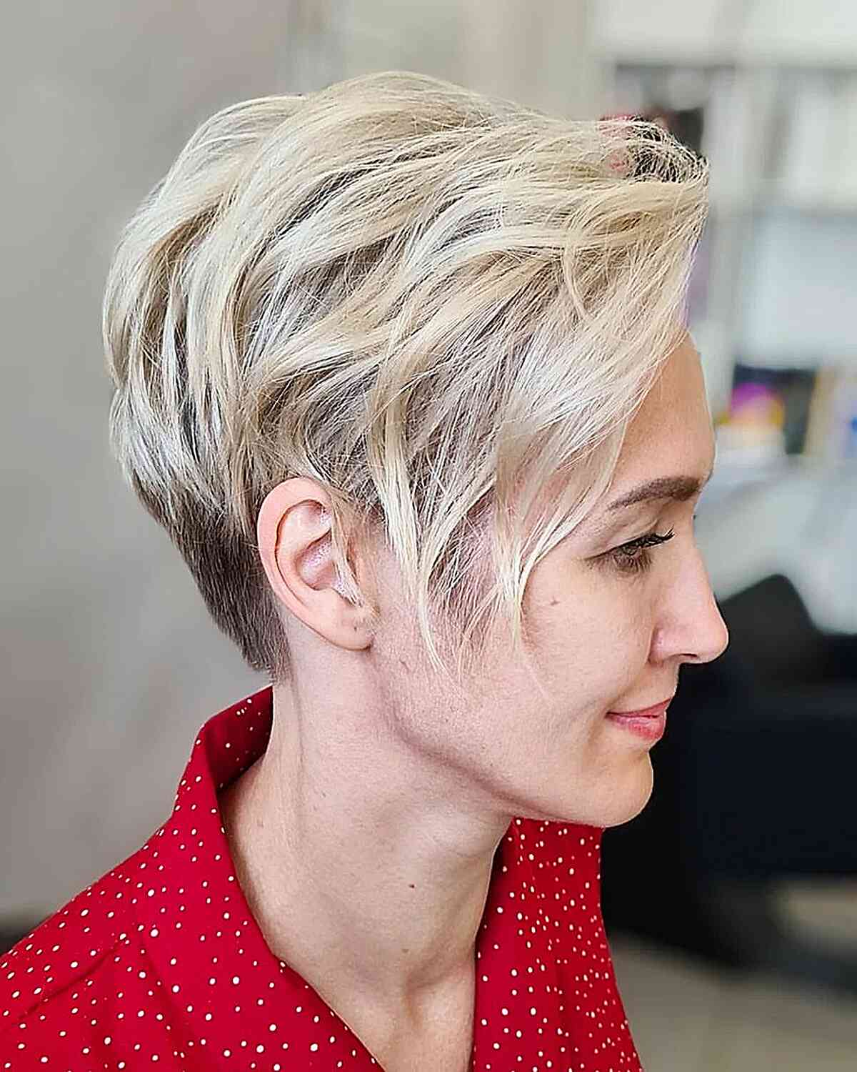 Short hair in the back with long bangs