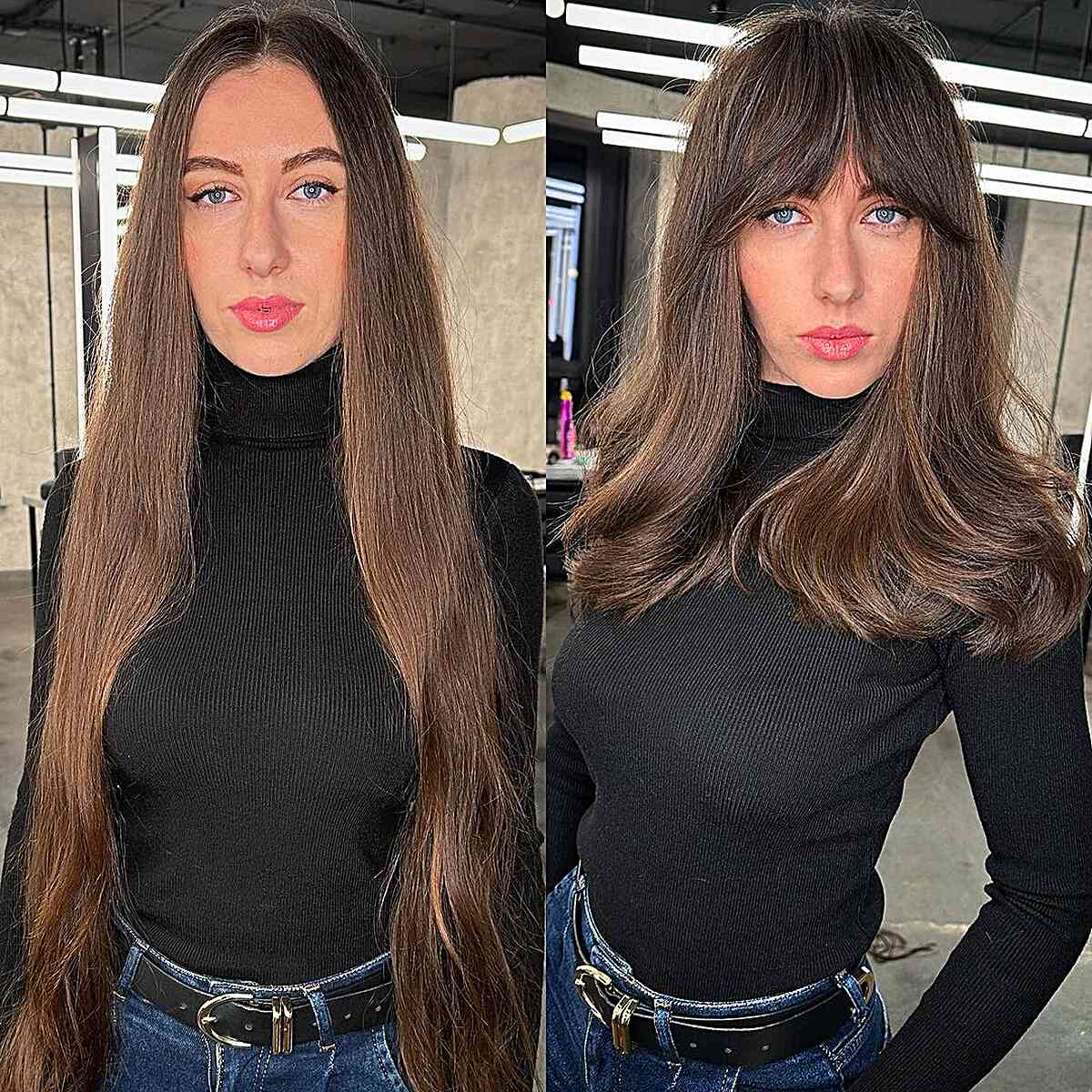 Brunette Bottleneck Bangs on Medium-Length Hair