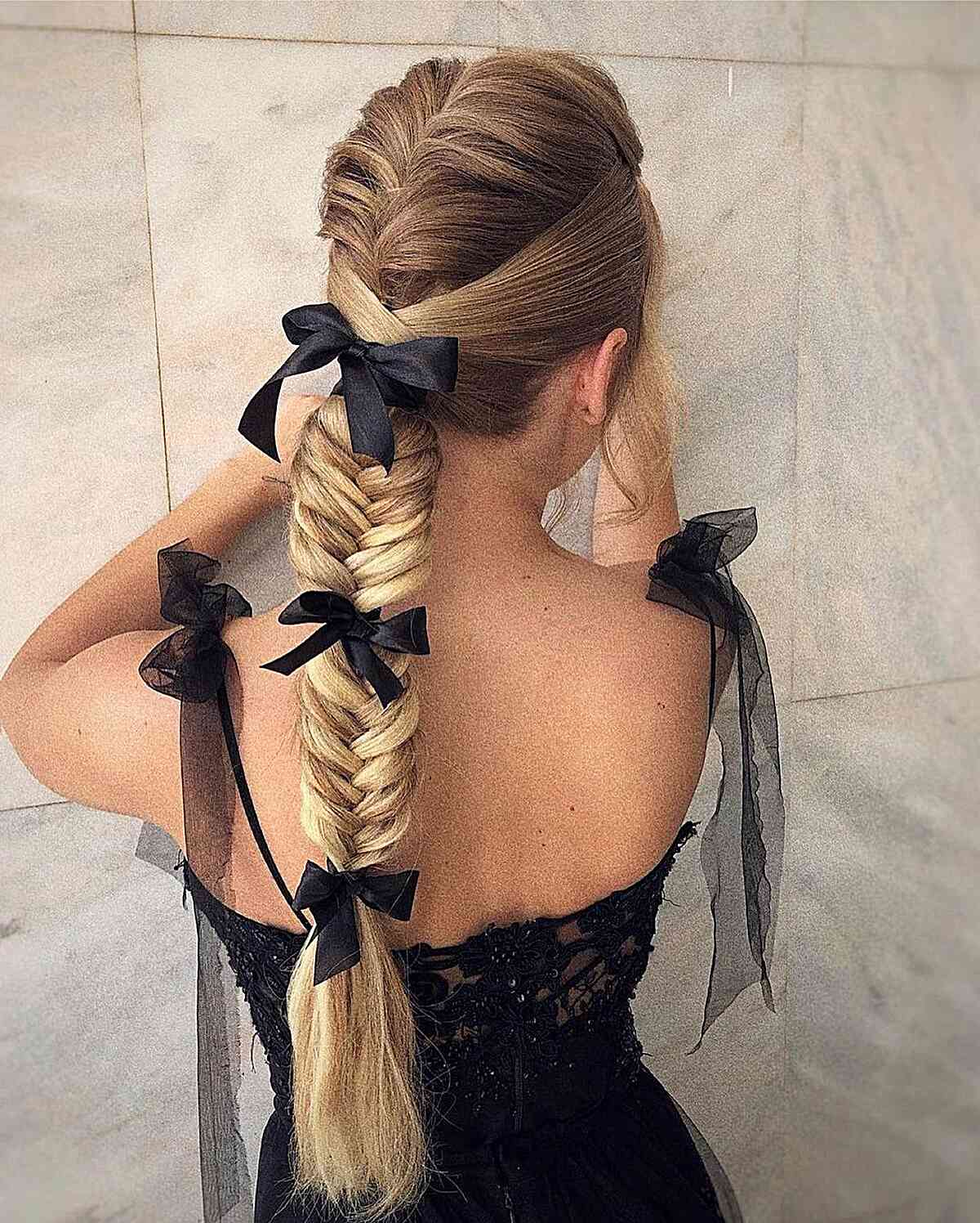 Beautiful Braided Ponytail Updo for women with very long ombre hair