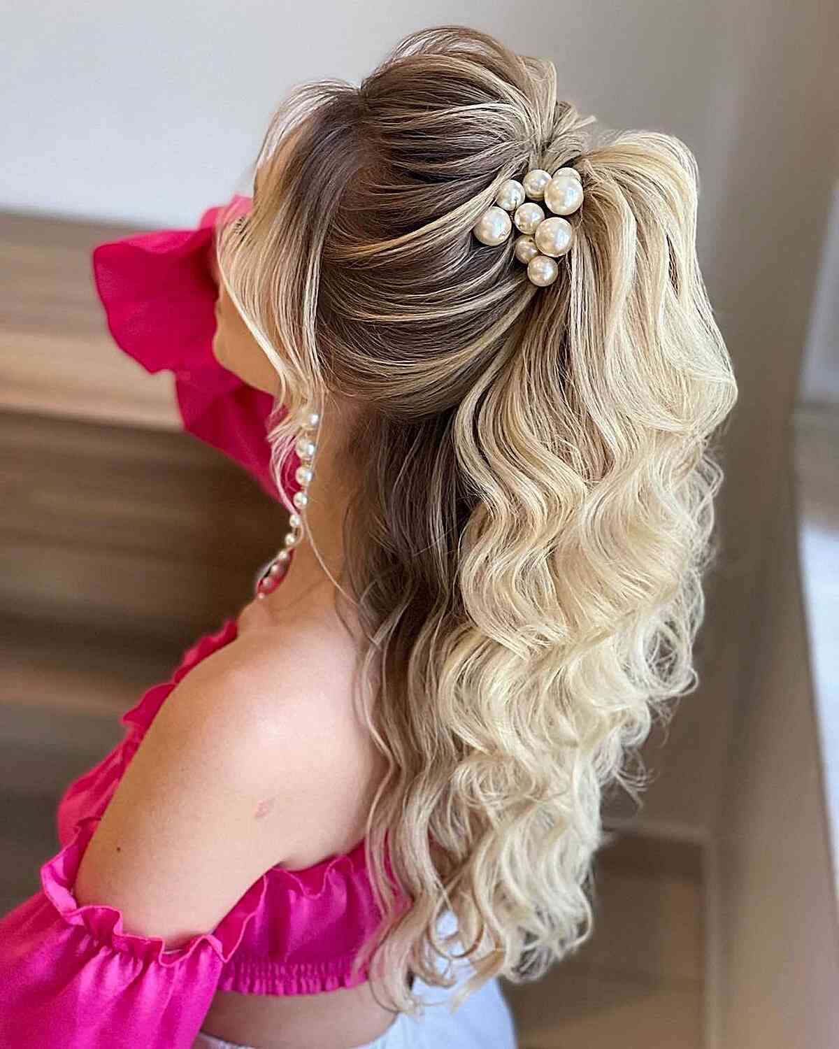 Beautiful Half Up Style with Curls and Pearls for women with long hair