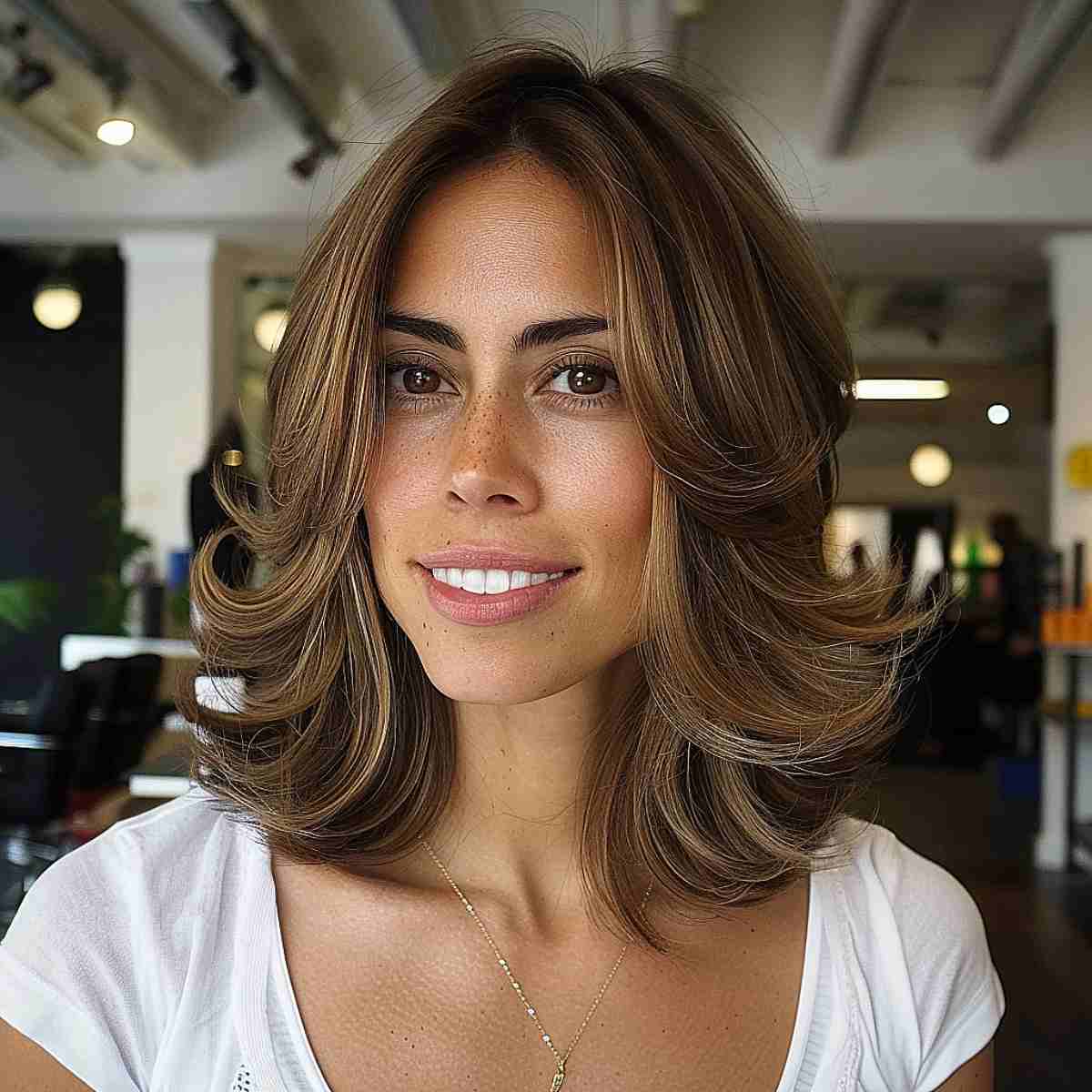 Shoulder-length layered lob cut for thick hair
