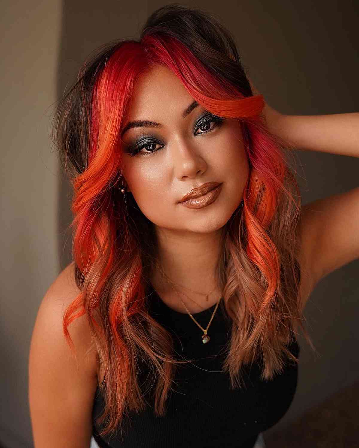 Black with Vibrant Red-Orange Face-Framing Highlights Color Idea