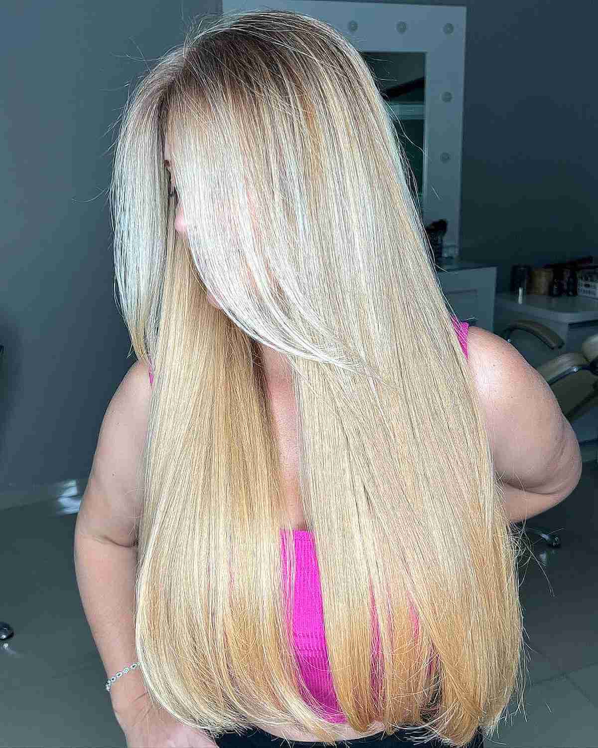 Blonde Highlights with Shadow Roots on Extra Long Straight Hair