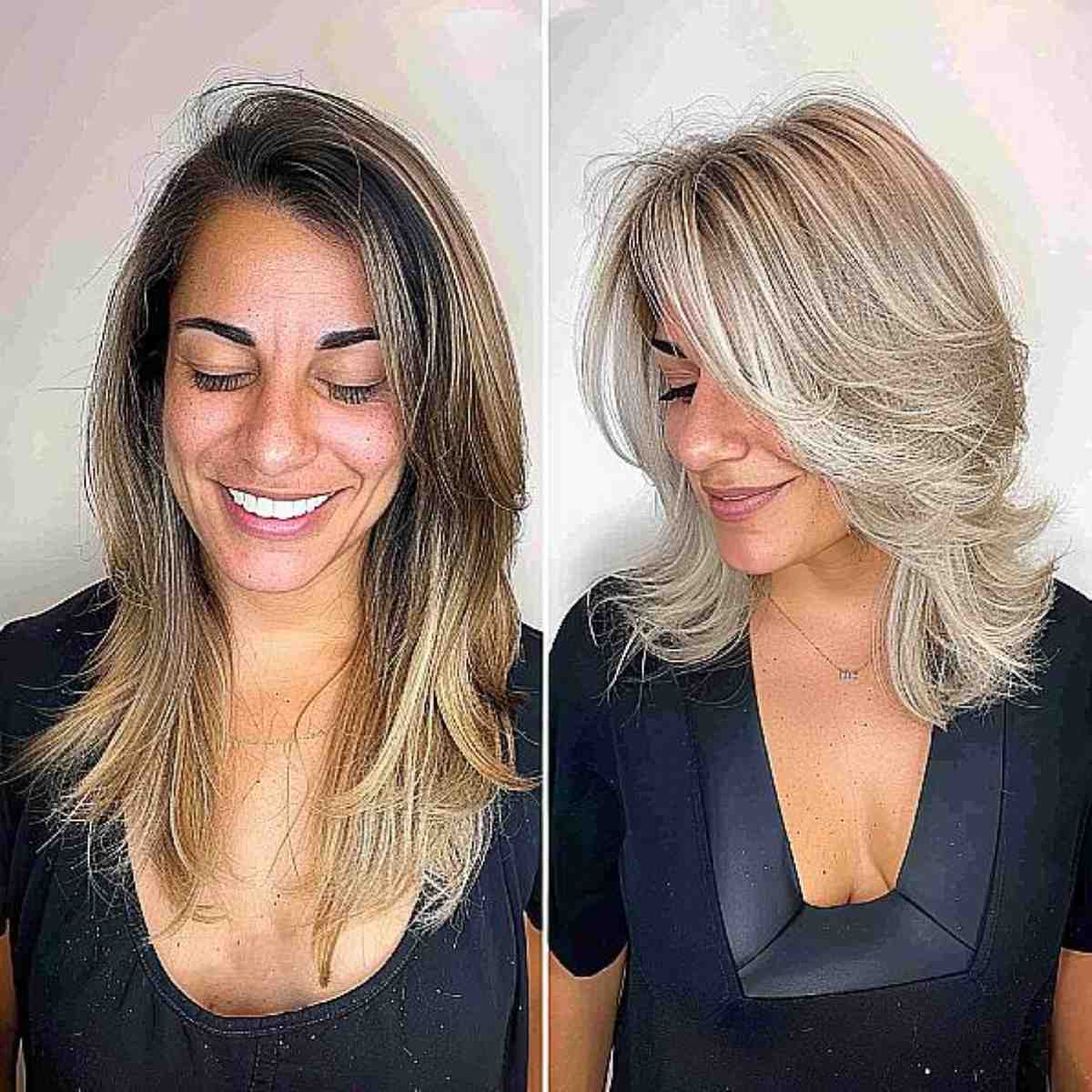Shoulder-Length Blonde Side-Swept Layers with Bangs