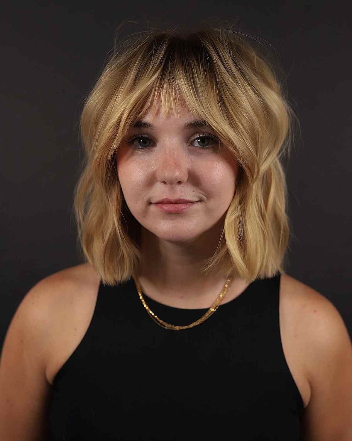 Blonde Lob with Choppy Short Fringe at Shoulder Length