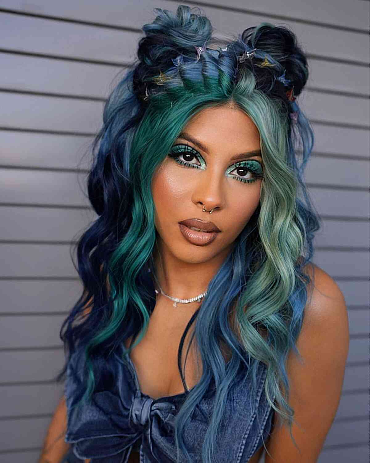 Blue Disco Half-Updo Accented with Green Face-Framing Highlights for Medium Wavy Hair