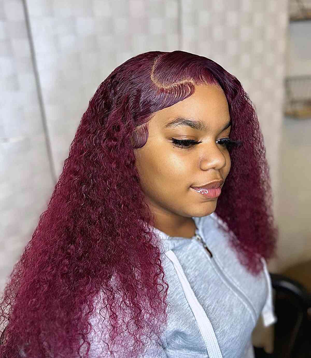 Long Bold Burgundy Red Kinky Wig on Black Ladies