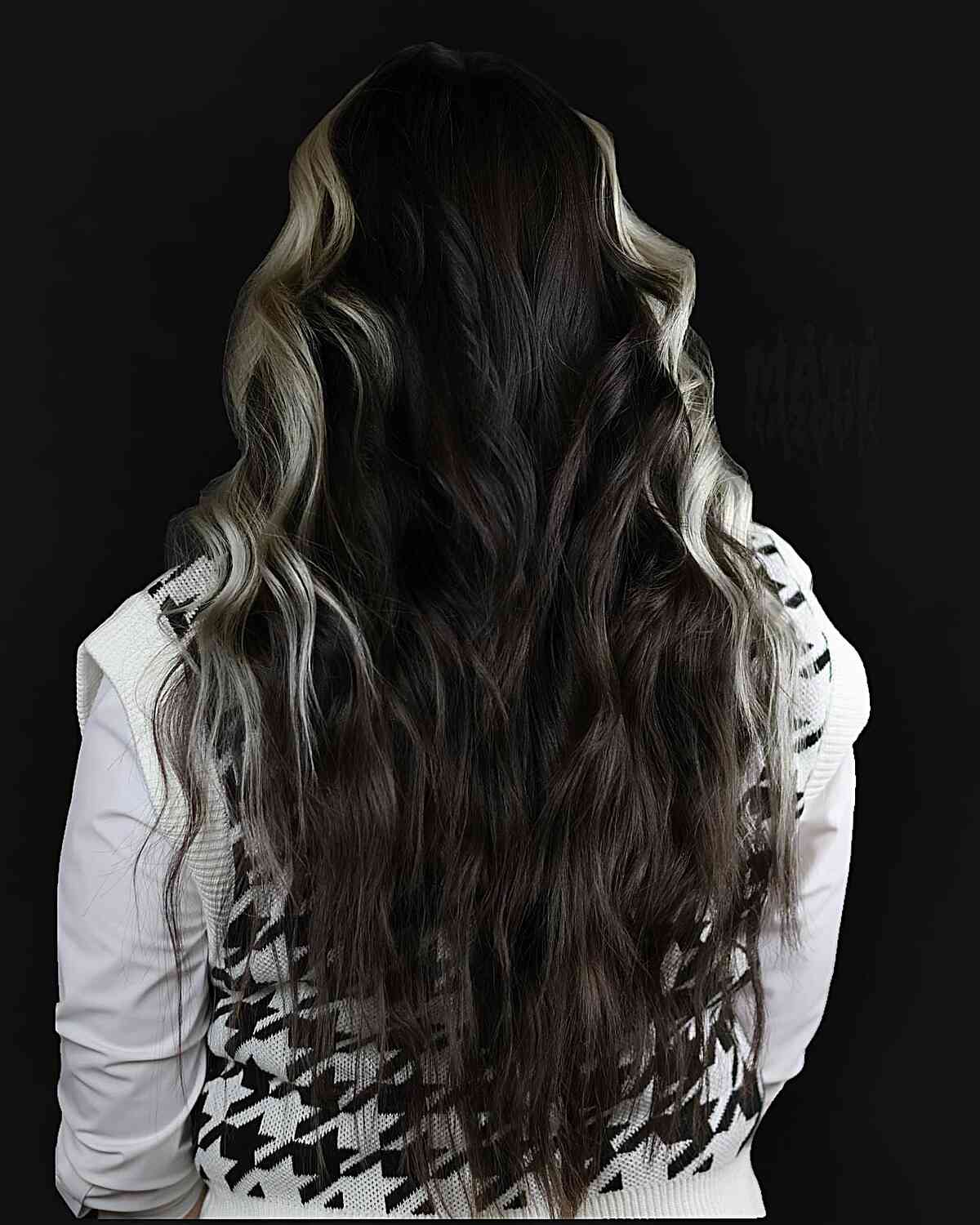 Long Bold Contrast Color Block for Black hair featuring platinum face-framing highlights