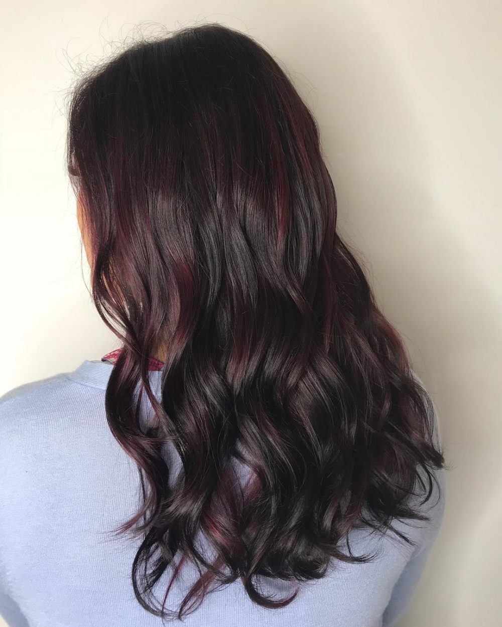 Bold Dark Red Burgundy Highlights on Black Tresses