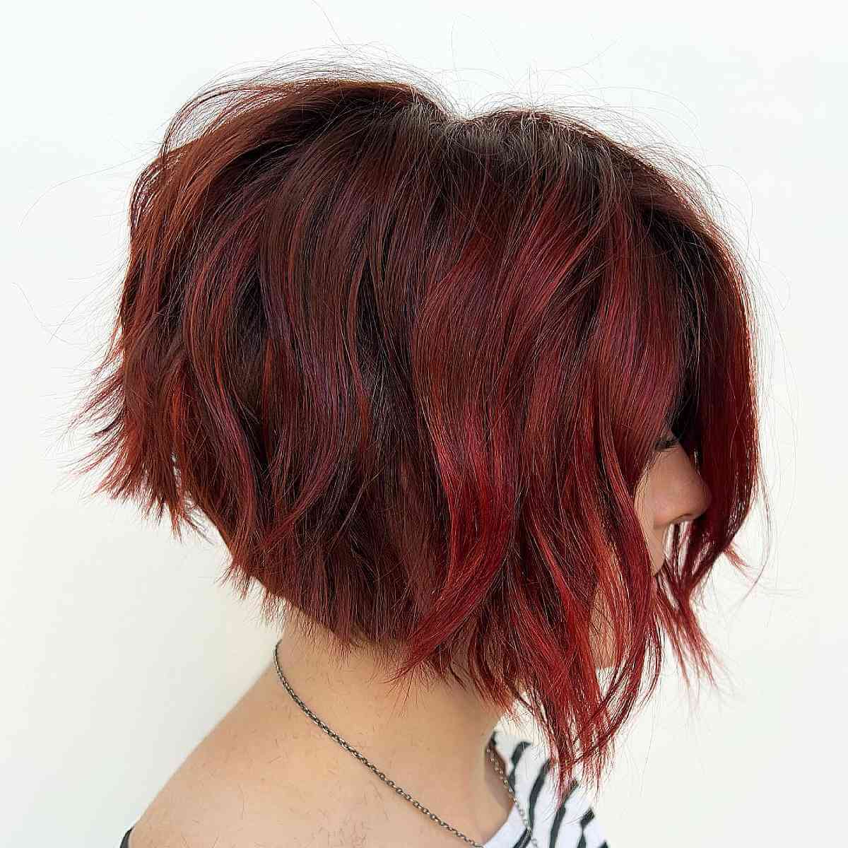 Bold Red Tousled Short Angled Bob