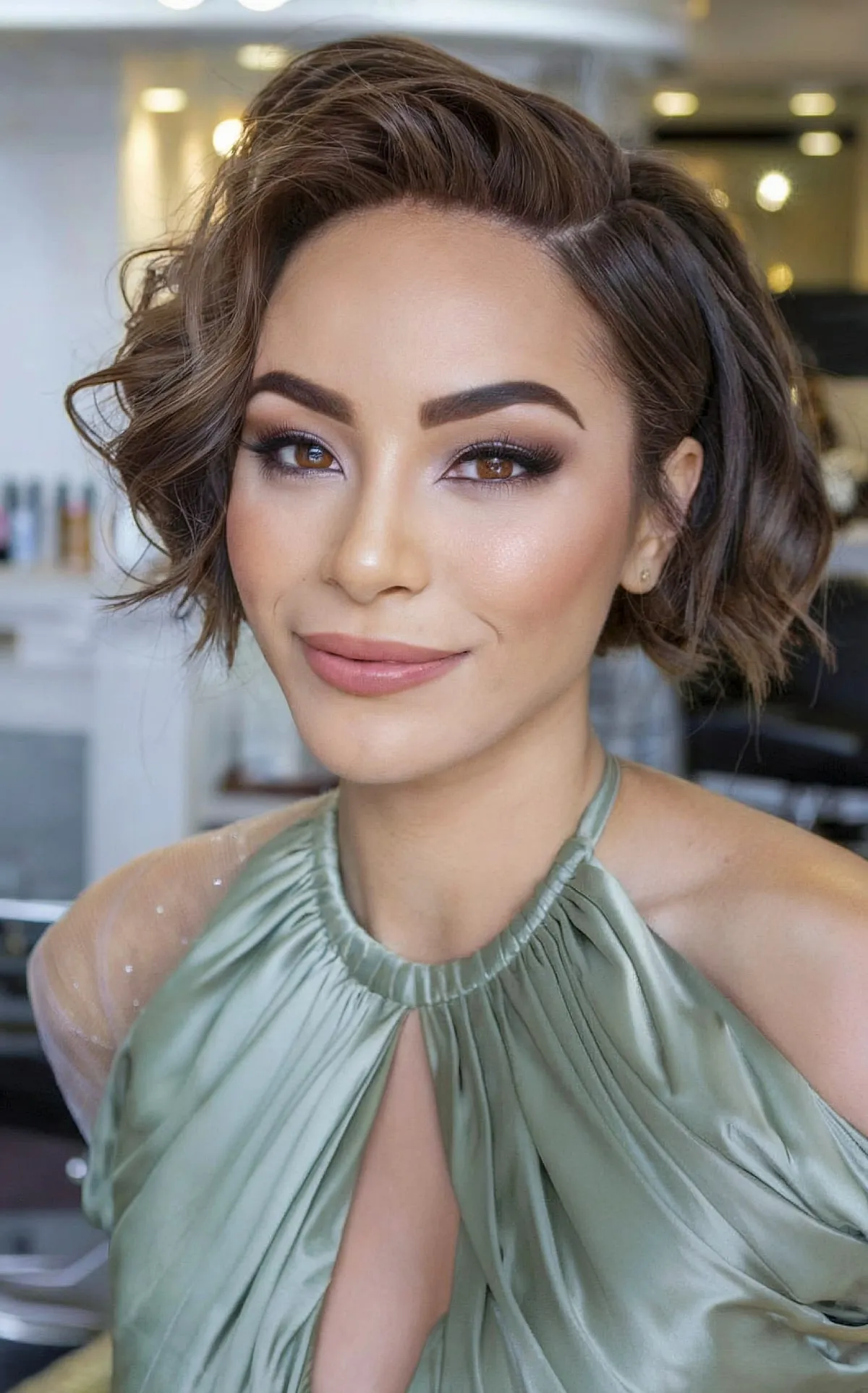 Bold Textured Short Hairstyle with a Dramatic Side Part and Brunette Waves