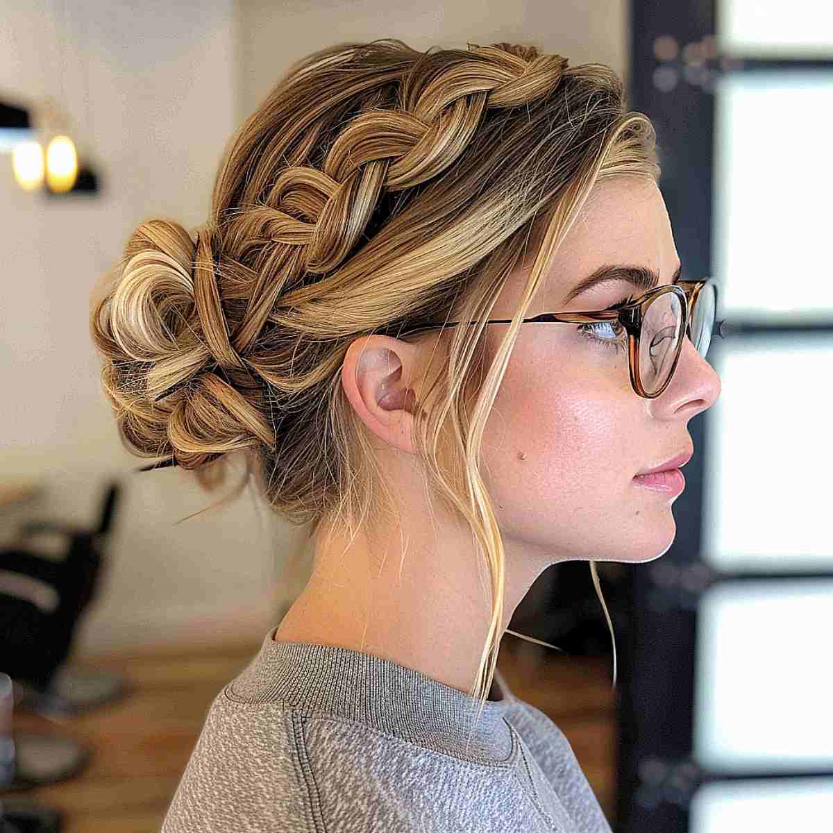 Image of a braided updo paired with glasses