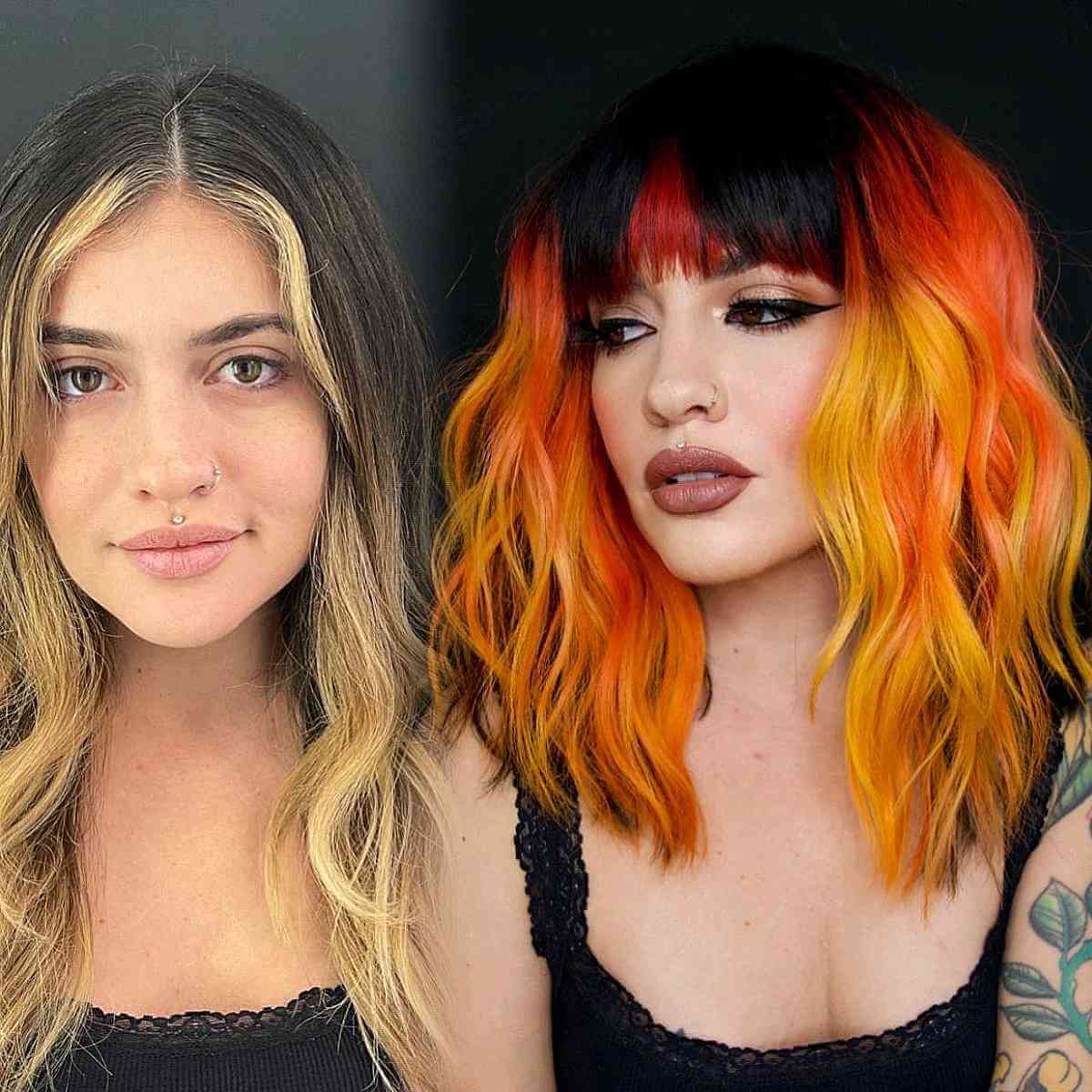 Medium Bright Orange and Yellow Layered Waves with Dark Bangs