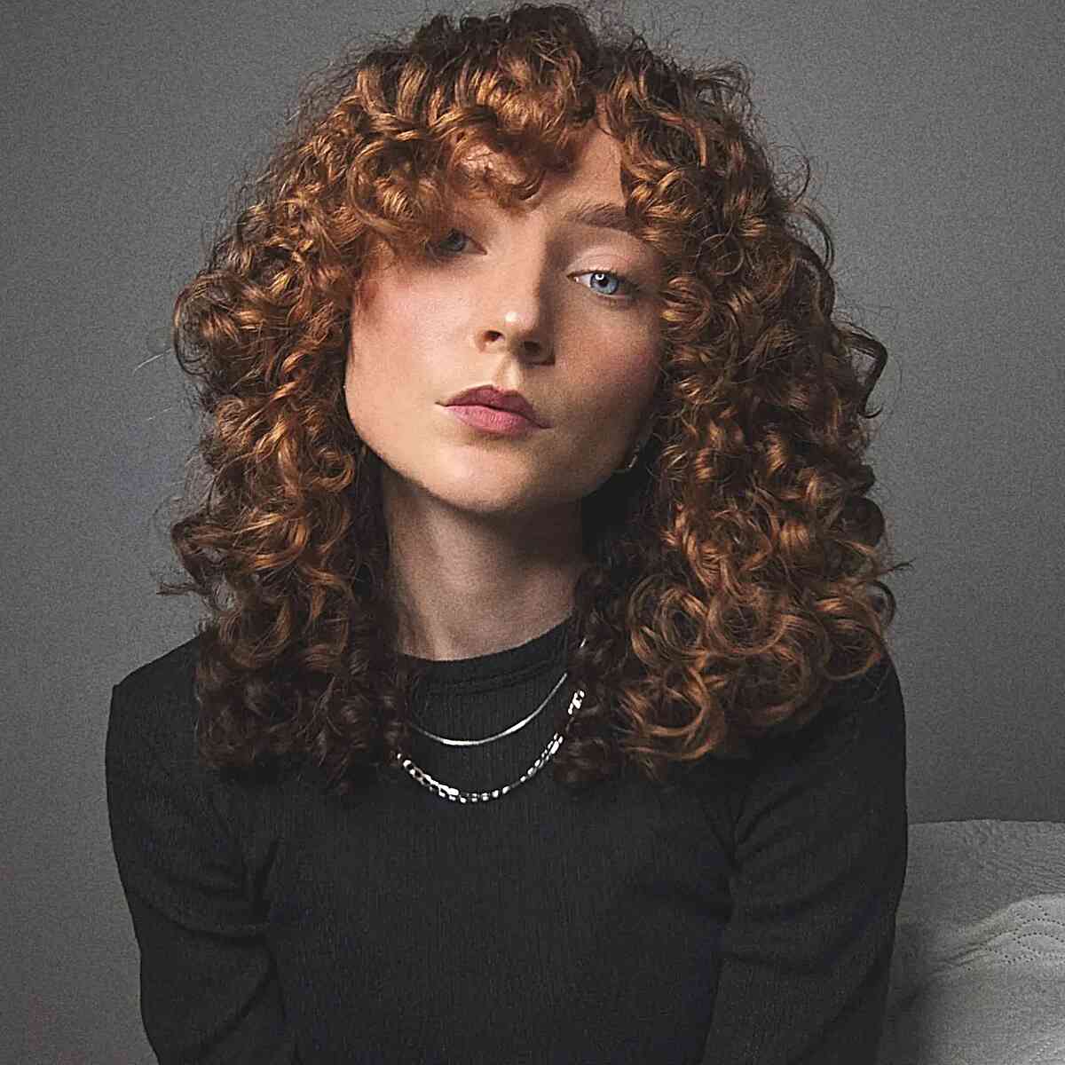 Medium-Length Copperish Bronze Curly Ringlets with Fringe