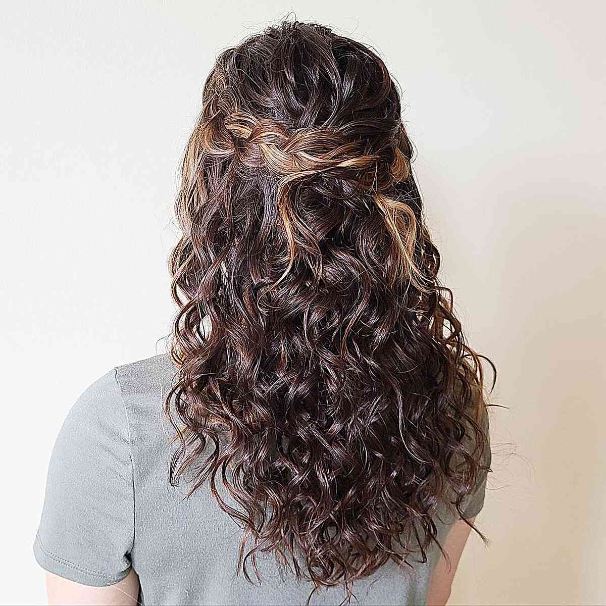 Brunette Braided Curly Half-Up Half Down Hairstyle