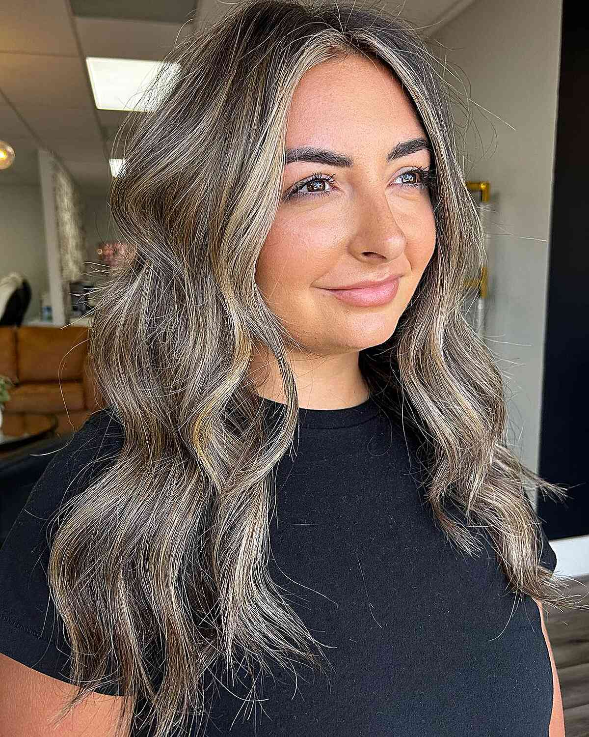 Long Brunette Hair with Ashy Blonde Money Piece