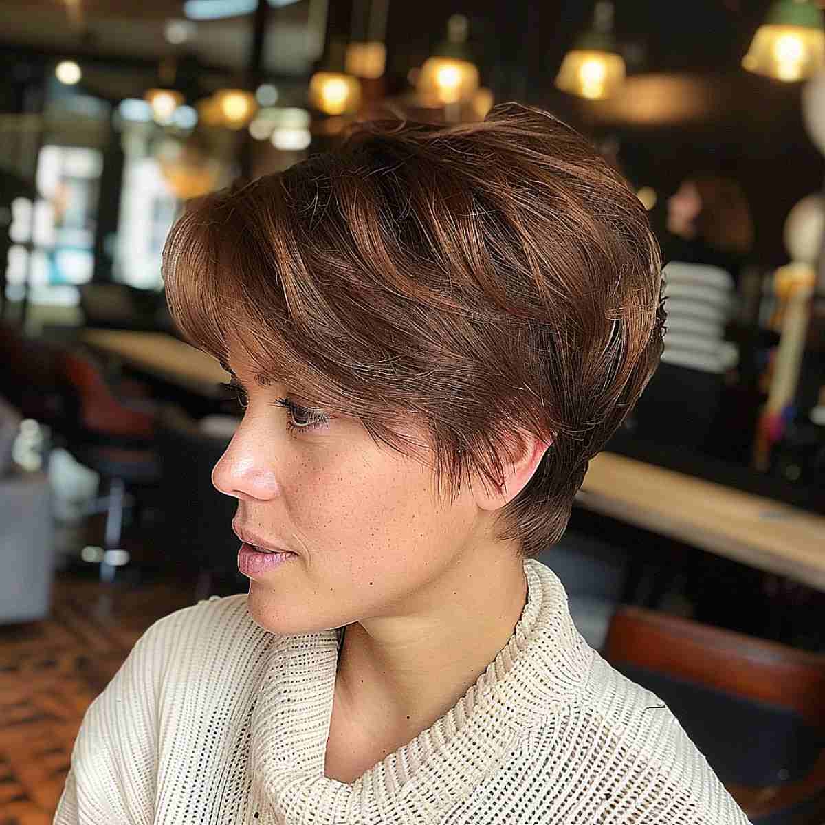 A short ear-length pixie bob haircut for thick hair