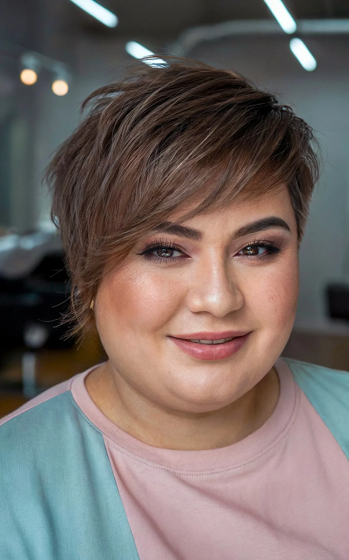 Brunette Long Pixie with Layered Crown and Bangs for Plus Size Women