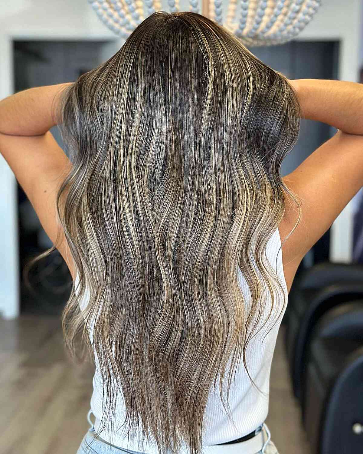 Long V-Cut Brunette with Soft Beige Blonde Balayage Highlights