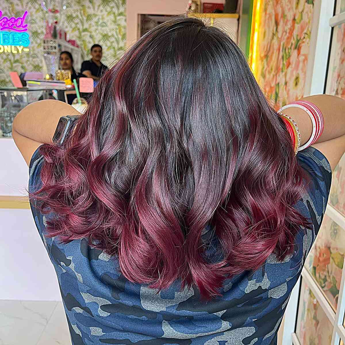 Burgundy Balayage with Lively Mid-Length Waves for Darker Base