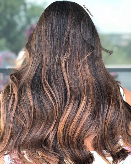 Candy Apple Caramel Highlights on Dark Tresses