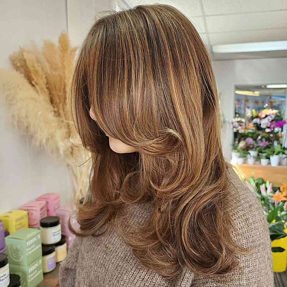 Caramel Highlights on Mid-Length Dark Hair