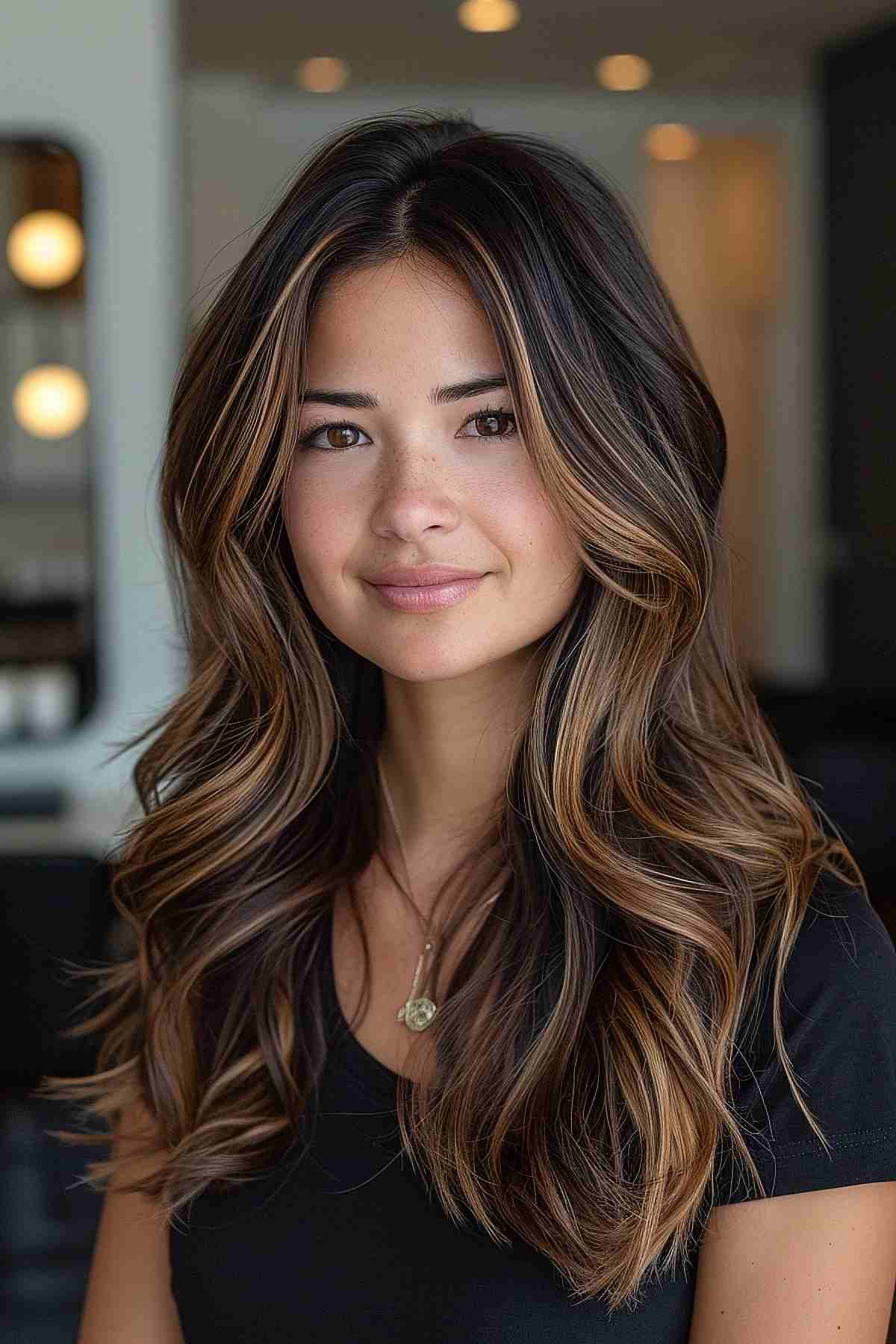 Caramel tones on dimensional dark brown hair