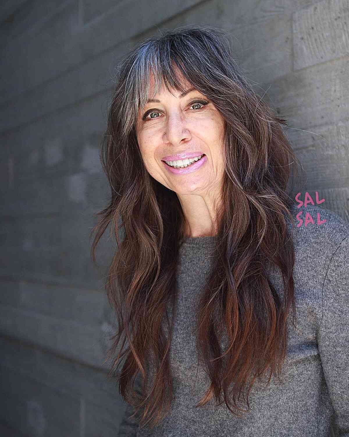 Carefree Long Shag with Silver Bangs and layers on women with long faces