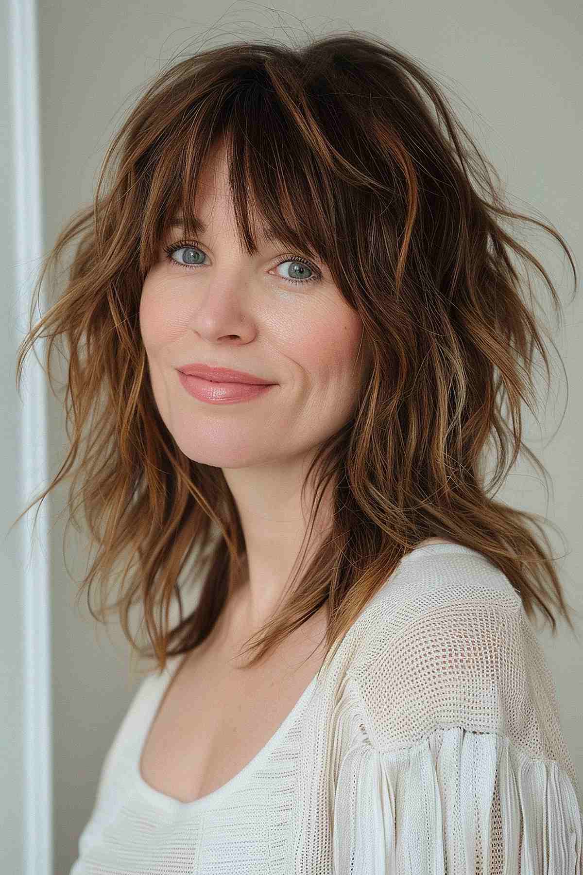 Woman showcasing a casual and layered choppy haircut, featuring shoulder-length layers and a soft fringe for a relaxed, chic appearance