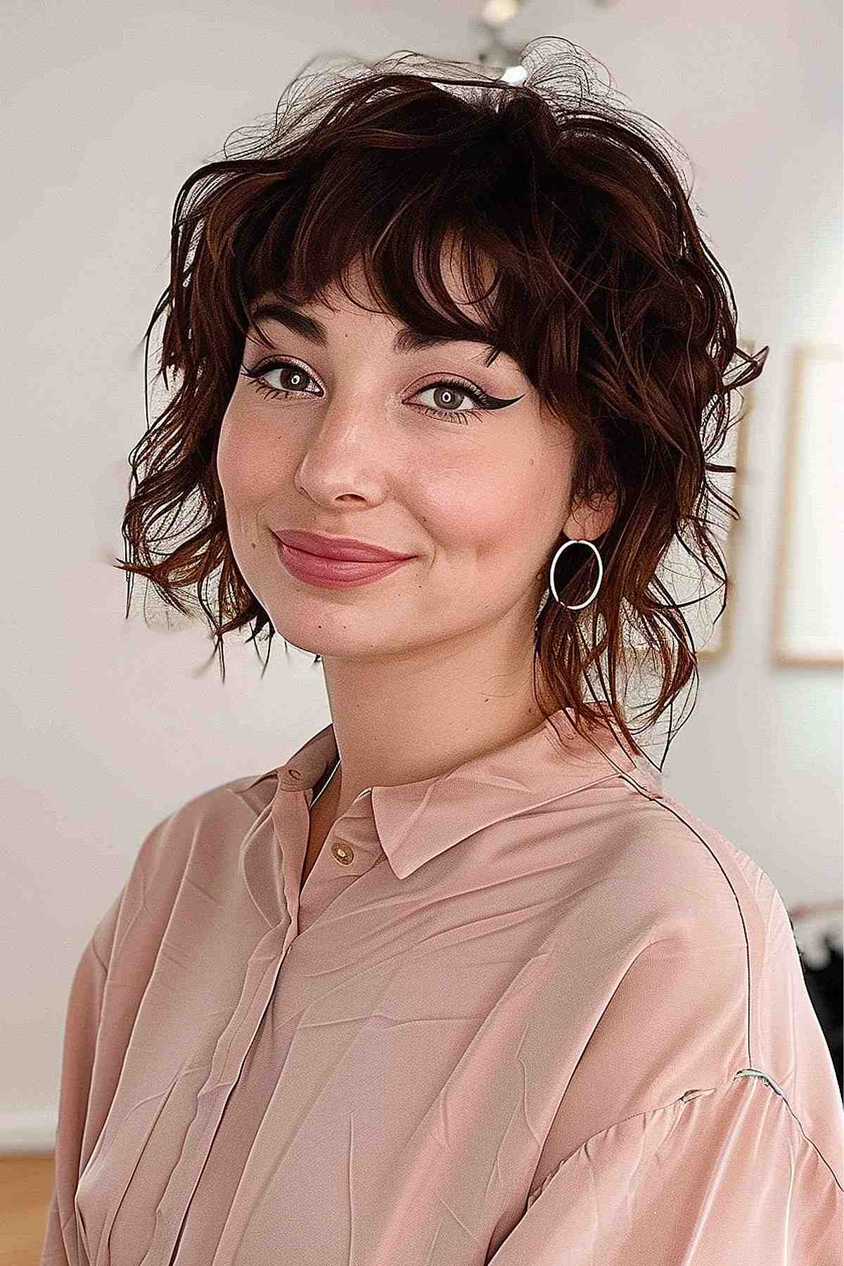 Casual short shag hairstyle with choppy layers and a short fringe for enhanced texture and movement