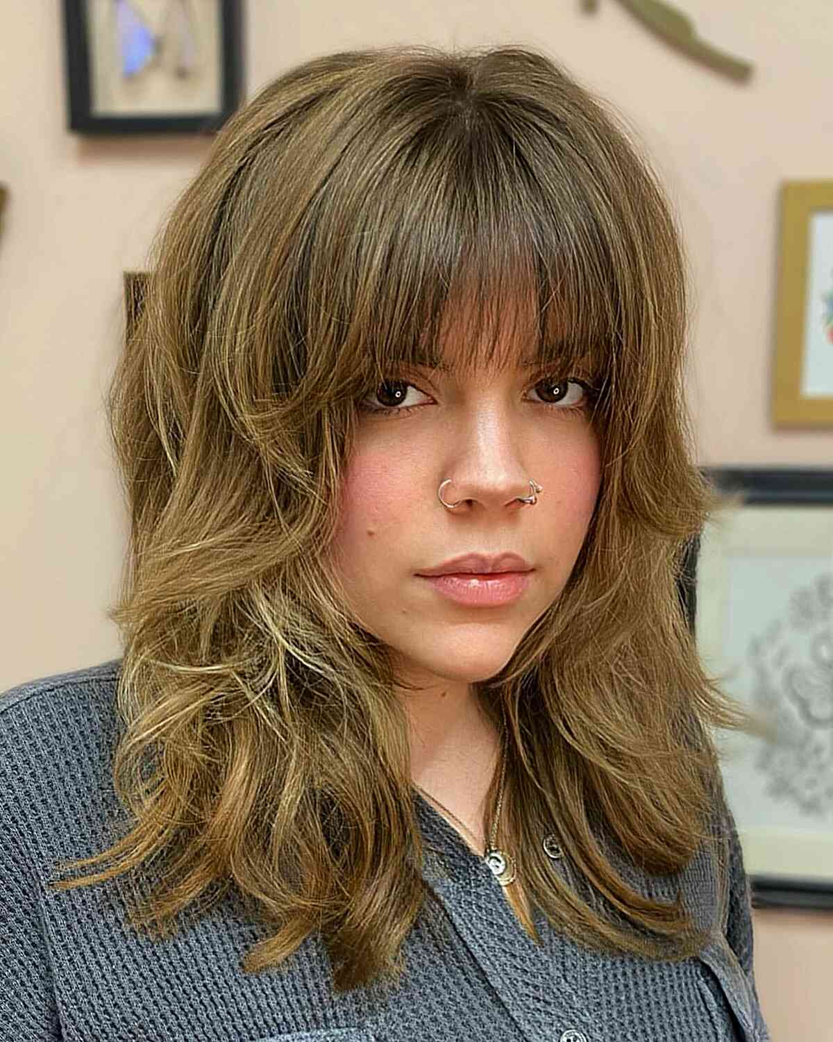 Casual Shaggy Layers with a Delicate Fringe on a messy thick medium-length hairstyle