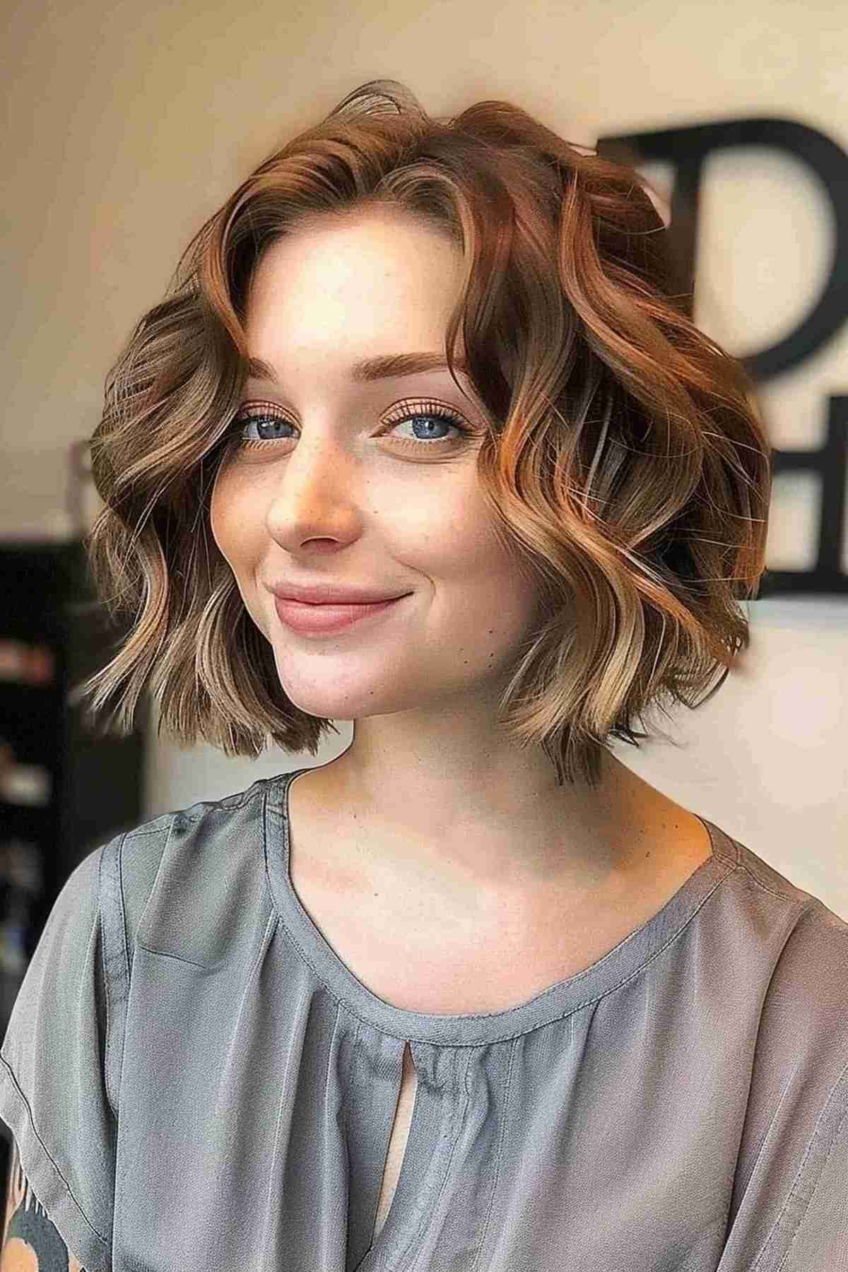 Chic textured wavy bob featuring a gentle center part for a relaxed yet fashionable appearance.