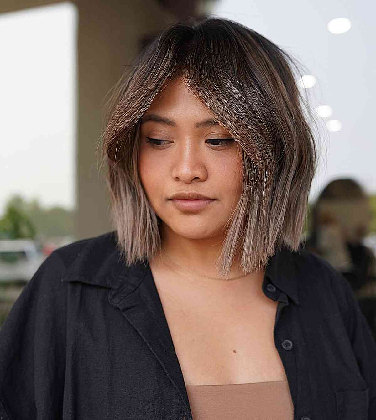 Center-Parted Blunt Cut Without Bangs for girls with fine hair