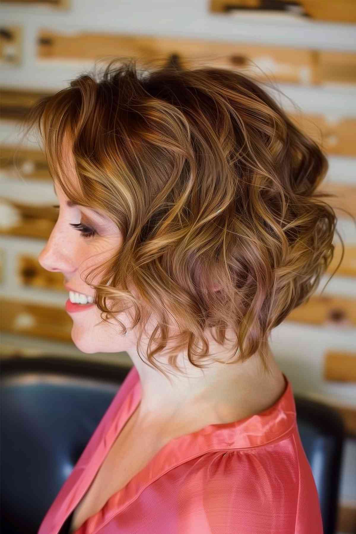 Vibrant short wavy graduated bob featuring warm blonde highlights.