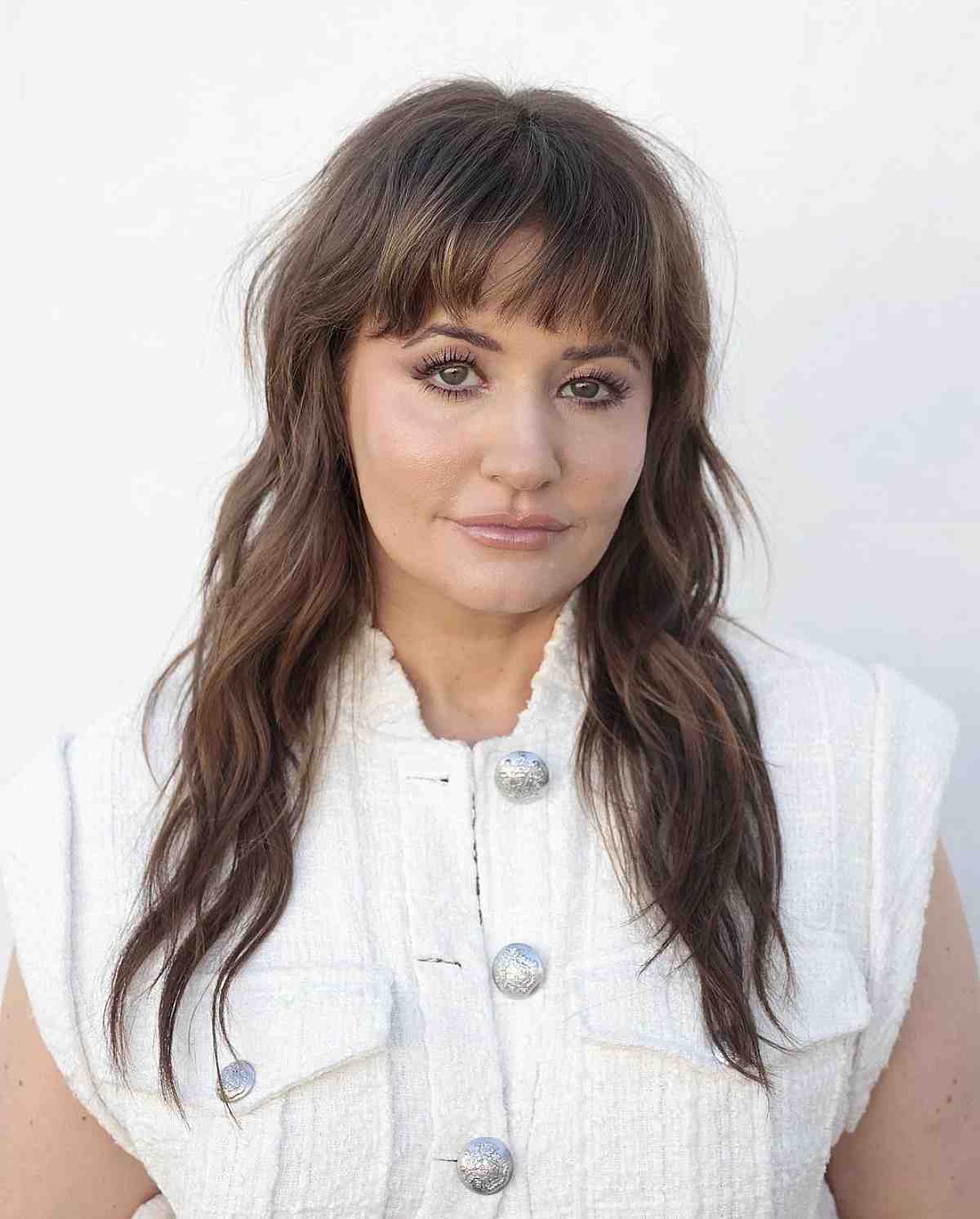 Charming Medium-Length Layered Brunette with Soft Fringe for Fine Hair