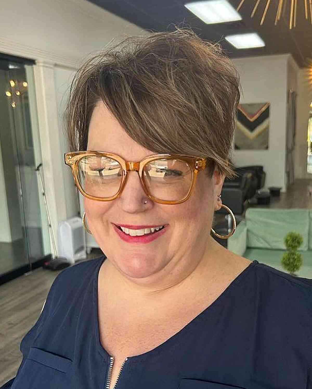 Charming Long Pixie with Extended Bangs for Women with Double Chins