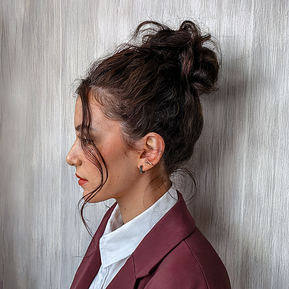 Charming Soft Messy Top Knot with Tendrils for Medium Hair