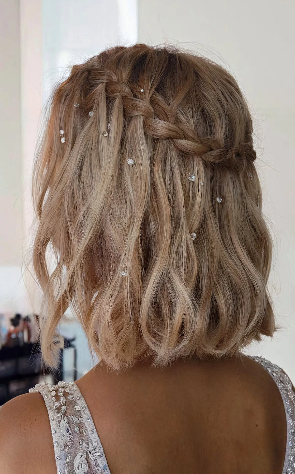 Short Wispy Waterfall Braid with Gems for Prom