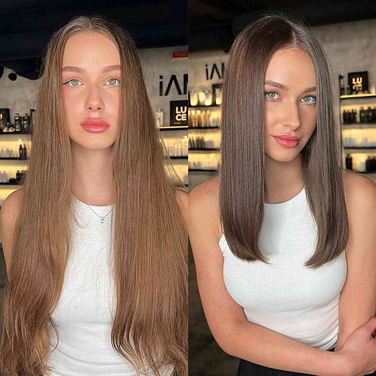 Chest-Length Straight Fine Hair Featuring a Center Part