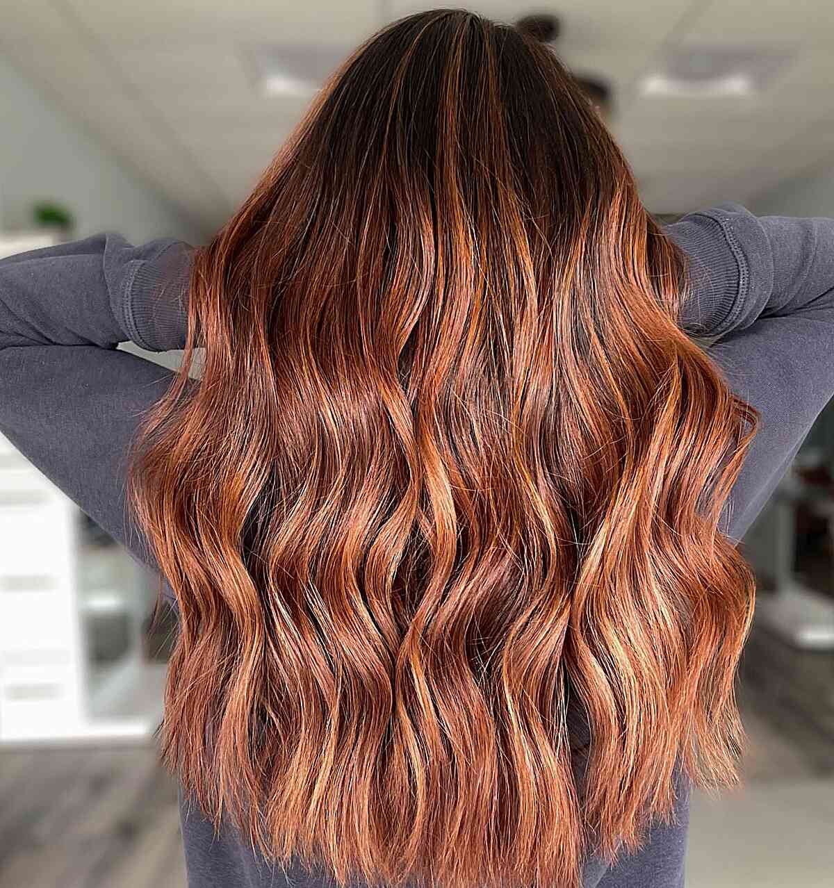 Chestnut Pumpkin Spice Copper Balayage with Dark Root Shadow for Long Wavy Hair