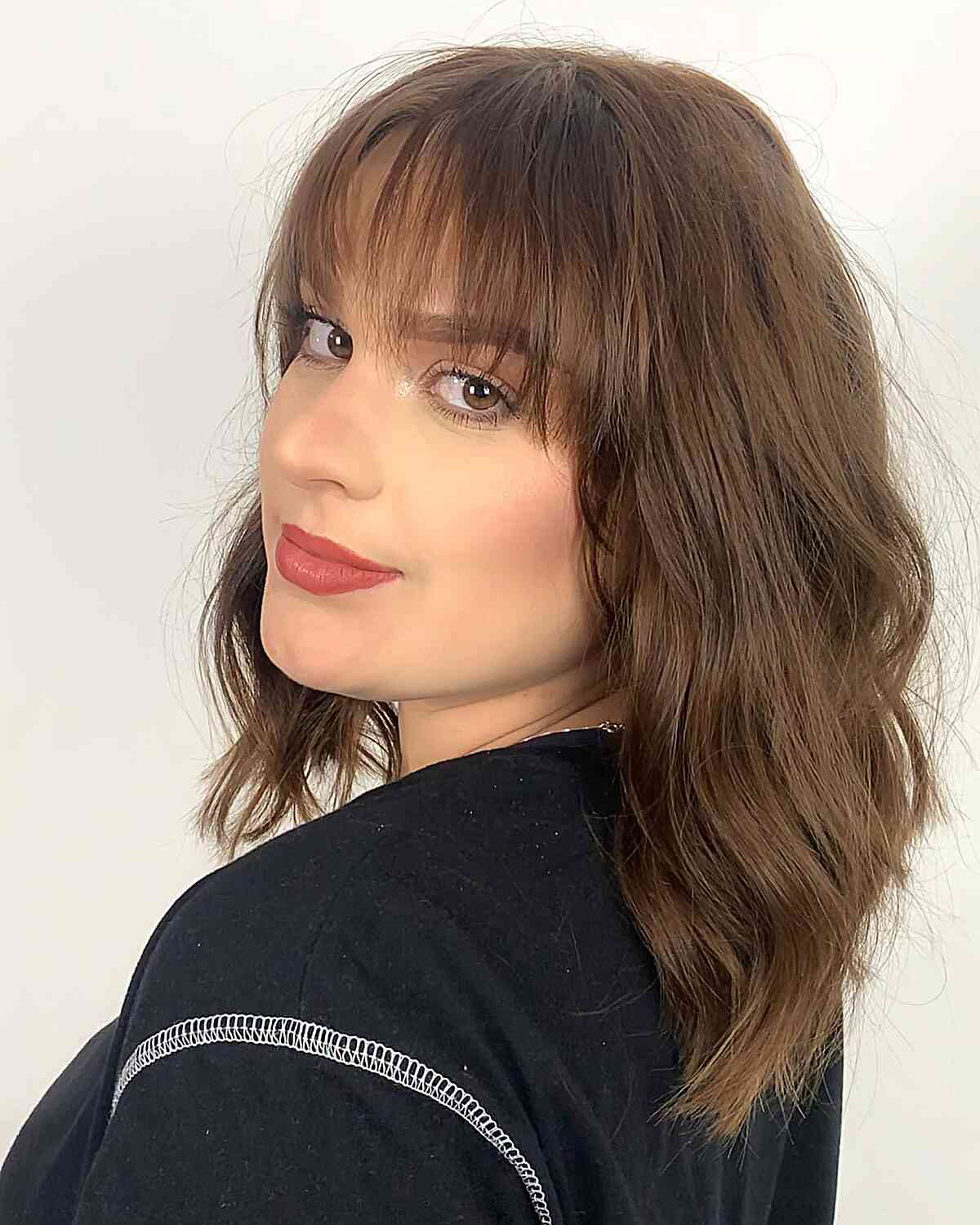 Chestnut Wavy Lob with Fringe for Thinner Locks