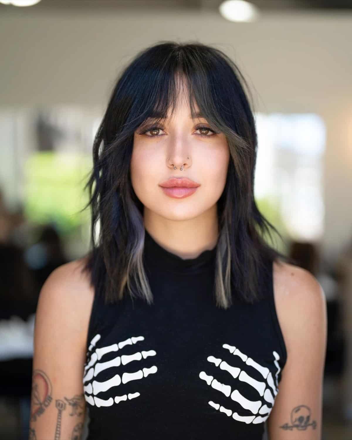 Chic and Alluring Long Bangs for Mid-Length Hair