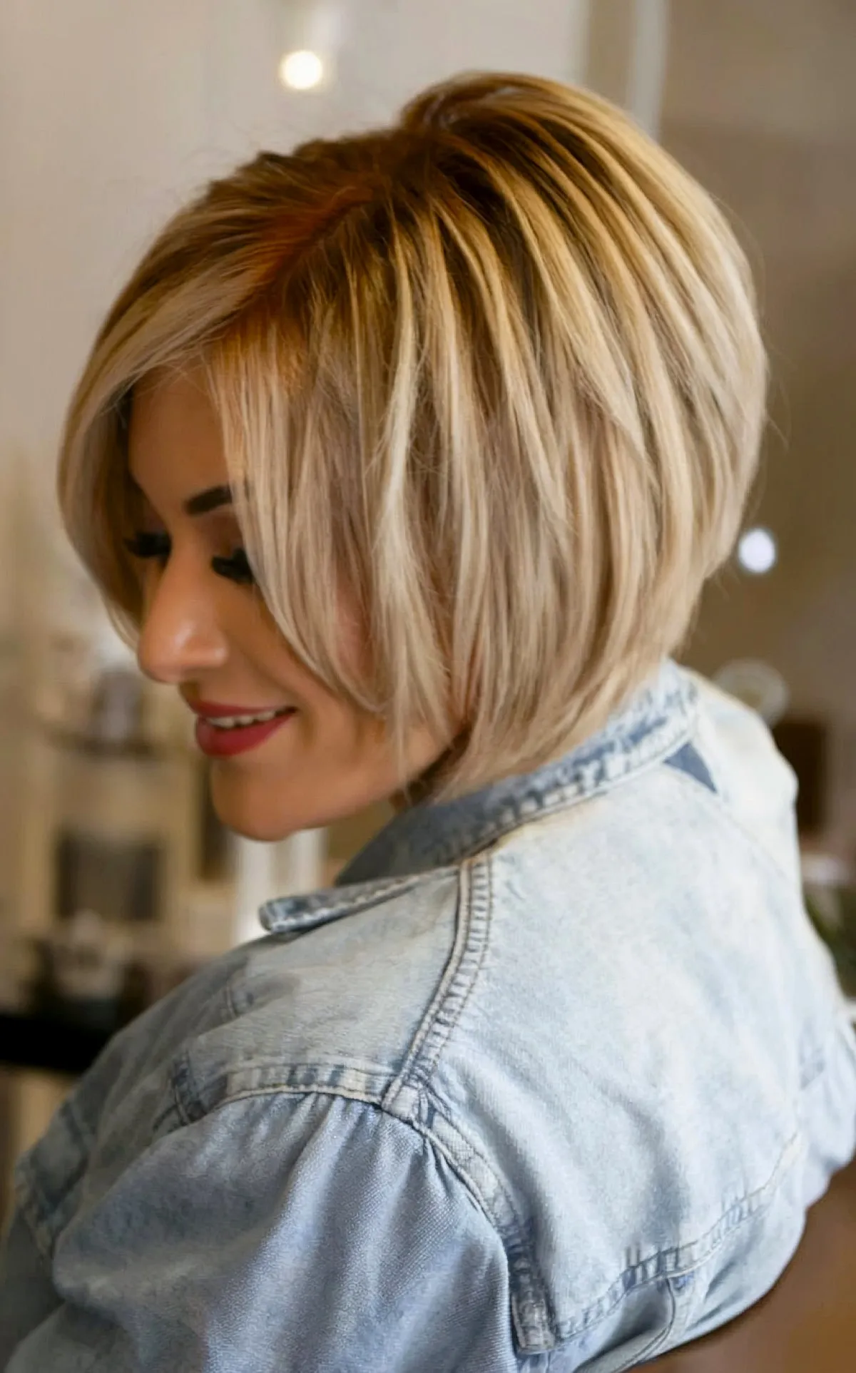 Chic Angled Bob with Face-Framing Layers and Bangs