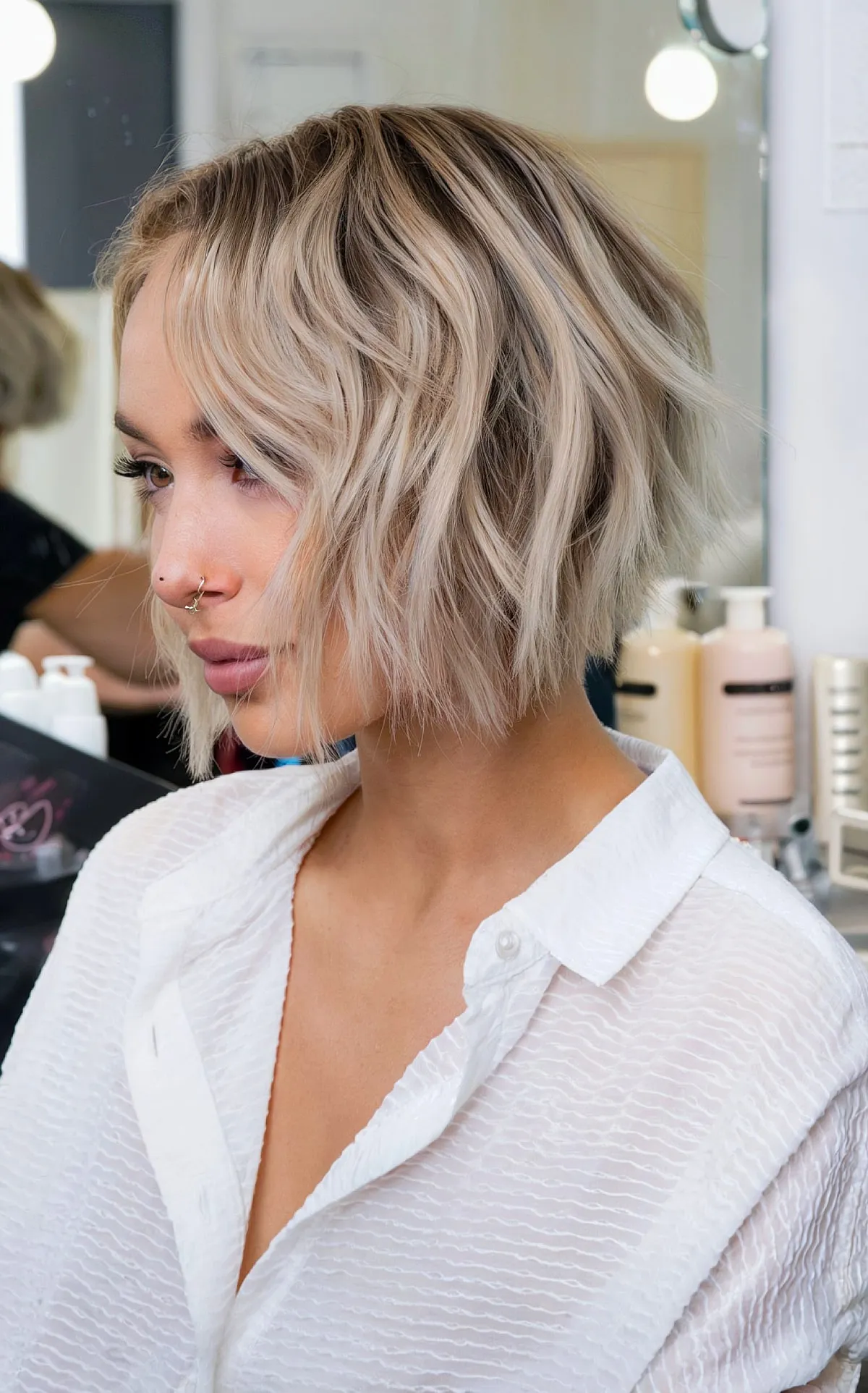 Short Chin-Length Angled Bob with Textured Layers